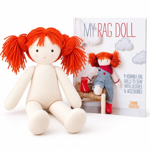 Samantha Red Head rag doll alongside the My Rag Doll book with instructions for making dolls, clothes and accessories