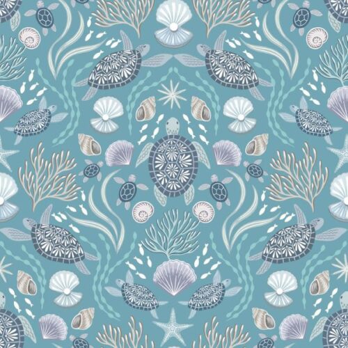 Ocean Pearls Sea Turtle Family on Ocean Blue with Pearl - A826.2