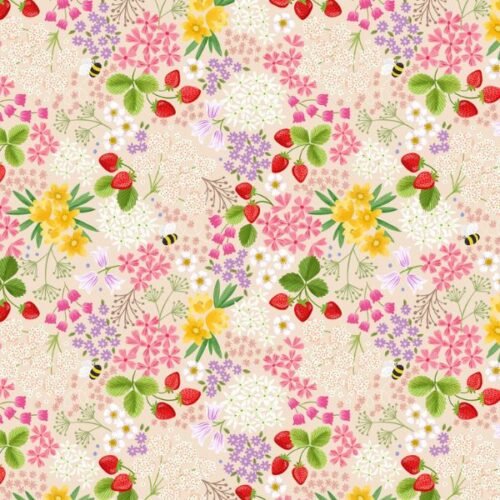Teddy Bears' Picnic Strawberry Bee Floral on Cream - A795.1