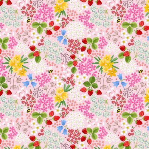 Teddy Bears' Picnic Strawberry Bee Floral on Pink - A795.2