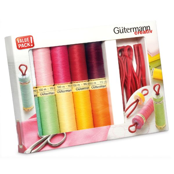 734565 Gutermann Thread Set Sew-All 10 x 100m Assorted and 10 Bobbin Clips