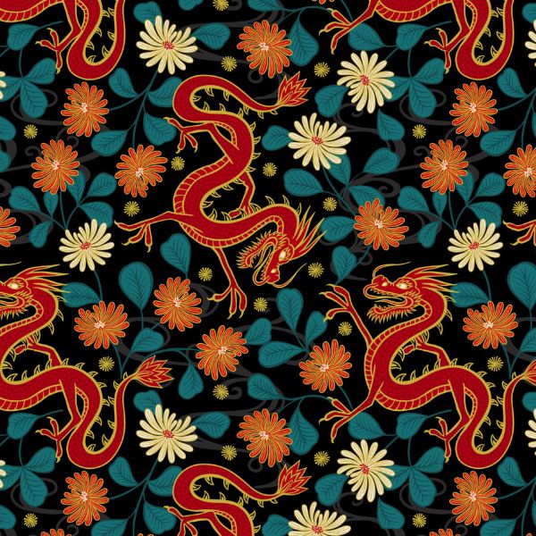 A862.3 Dragon on Blackwith Gold Metallic Year of the Dragon Lewis & Irene