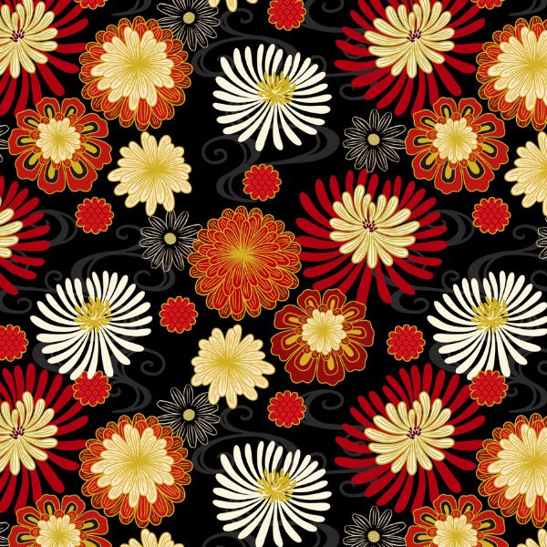 A866.3 Black and Red Year of the Dragon Floral with Gold Metallic Year of the Dragon Lewis & Irene