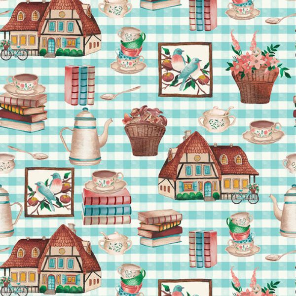 2345-75 Homes, Books Teapots Blue Rural Fantasy Blank Quilting
