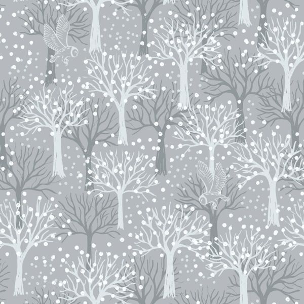 F660.1 Owl Orchard on Light Grey Flannel Secret Winter Garden Flannel Lewis & Irene
