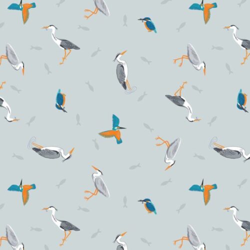 SM79.2 Herons and Kingfisher on Light Blue Small Things...Rivers & Creeks Lewis & Irene