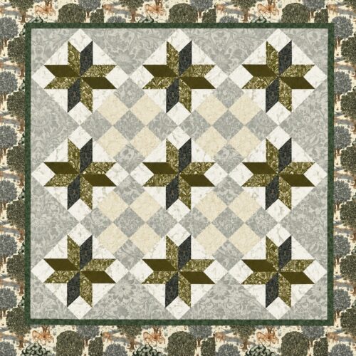 Bambi Boo William Morris Quilt Kit featuring the Cotswold Holiday Collection in soft sage, olive, cream and grey botanical fabrics with traditional star quilt blocks.