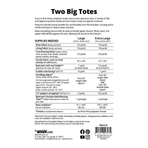 PBA310 Two Big Totes Bag Pattern ByAnnie