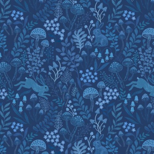 A913C Rabbit Meadow on Dark Blue Forget-Me-Not Lane by Lewis & Irene