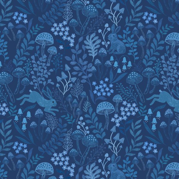 A913C Rabbit Meadow on Dark Blue Forget-Me-Not Lane by Lewis & Irene
