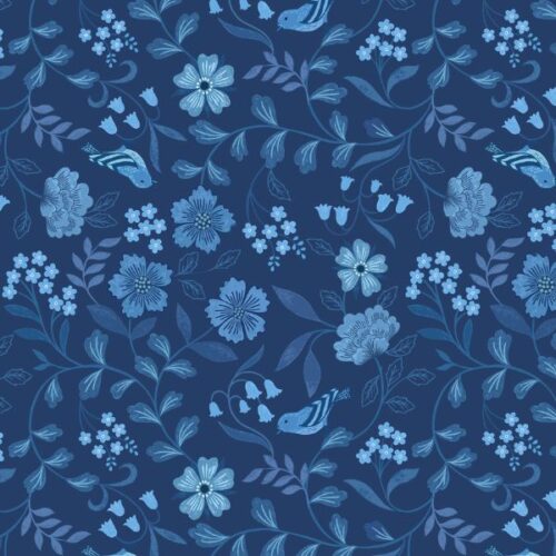 A917C Countryside Birds on Dark Blue Forget-Me-Not Lane by Lewis & Irene