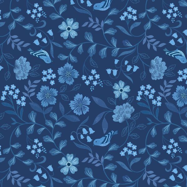 A917C Countryside Birds on Dark Blue Forget-Me-Not Lane by Lewis & Irene