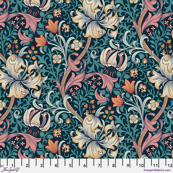 PWWM028.TEAL Golden Lily Red House by Morris & Co.
