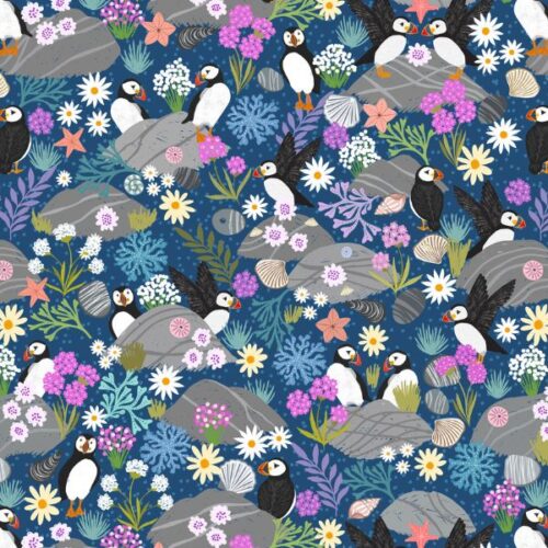 A895C Puffin Bay Puffins on Dark Blue Puffin Rock by Lewis & Irene