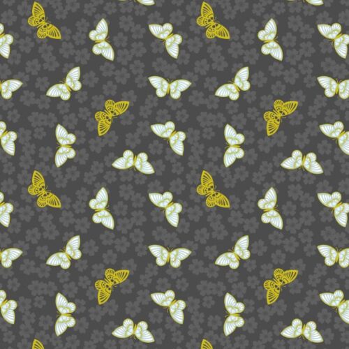 A921C Sakura Butterflies on Charcoal with Gold Metallic Sakura by Lewis & Irene