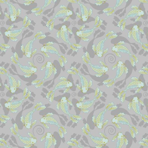 A922A Swimming Koi on Grey with Gold Metallic Sakura by Lewis & Irene