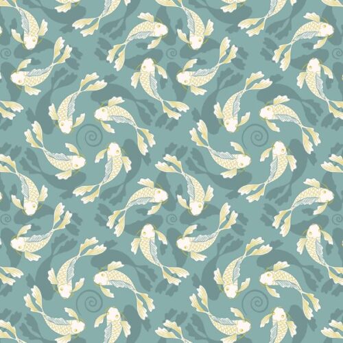 A922C Swimming Koi on Pond Blue with Gold Metallic Sakura by Lewis & Irene