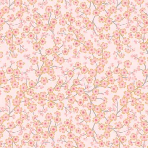 A923B Cherry Blossom on Light Pink with Gold Metallic Sakura by Lewis & Irene