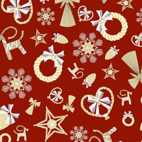 AC7A Straw Decorations Large on Red, Norwegian Christmas by Lewis & Irene