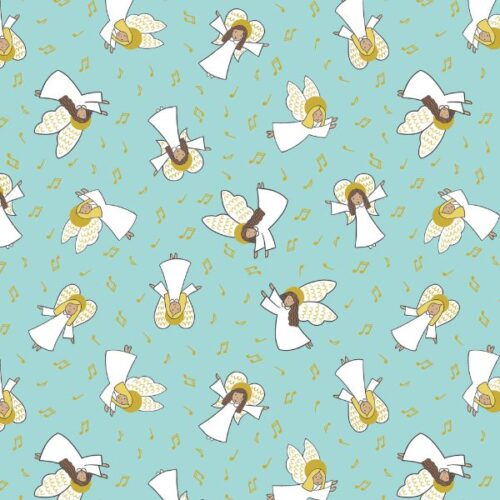 C123B Angels on Celestial Blue with Gold MEtallic, Away in a Manger by Lewis & Irene