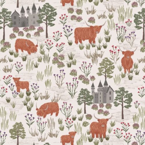 F538A Castles and Highland Cattle on Dark Cream, Loch Lewis Flannel by Lewis & Irene