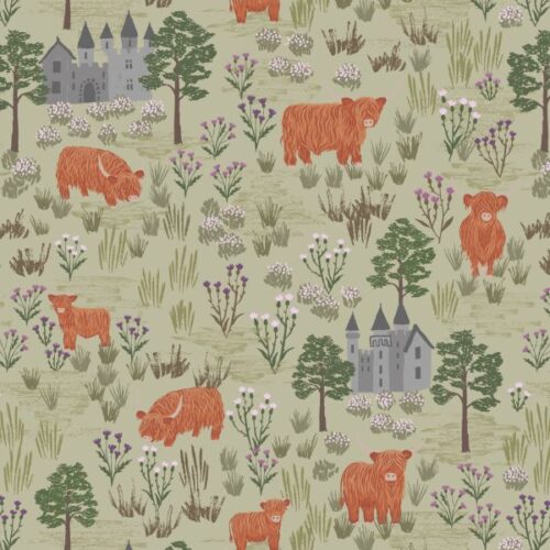 F538B Castles and Highland Cattle on Light Sage, Loch Lewis Flannel by Lewis & Irene