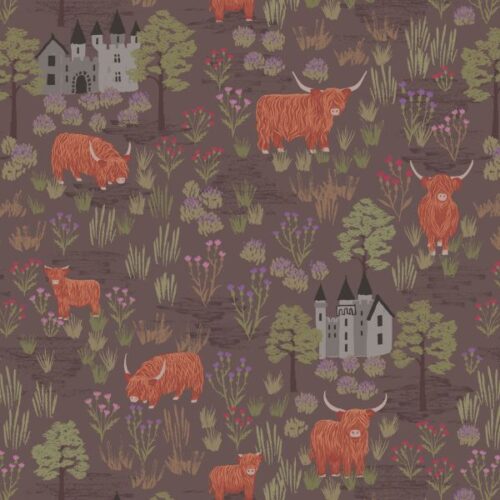 F538C Castles and Highland Cattle on Mocha, Loch Lewis Flannel by Lewis & Irene