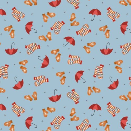 SM107 Brollies and Scarves on Light Blue, Small Things... Snuggle Season by Lewis & Irene