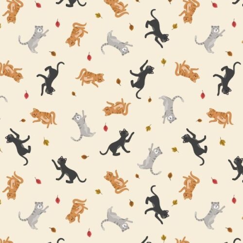 SM110 Cats and Falling Leaves on Cream, Small Things... Snuggle Season by Lewis & Irene