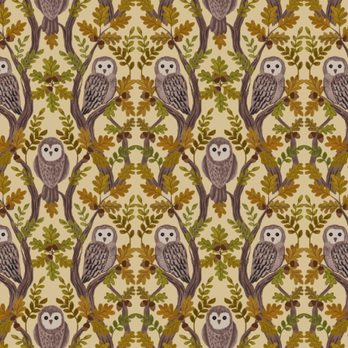 A932A.Wise Owls on Light Gold, Old Quercus by Lewis & Irene
