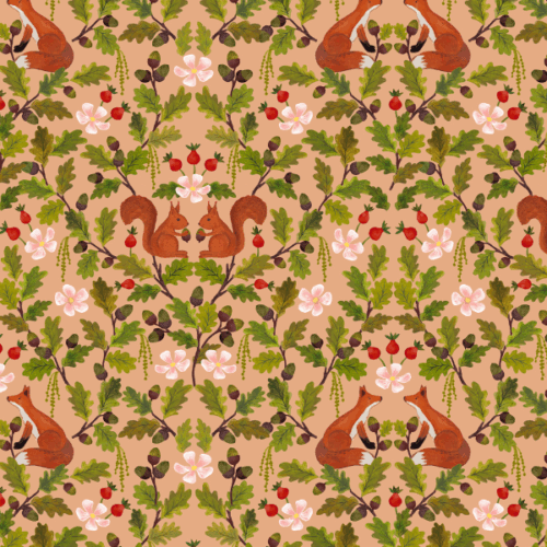 A936B.Fox and Squirrel on Warm Terracotta, Old Quercus by Lewis & Irene