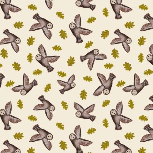 A938.Flying Owl on Dark Cream, Old Quercus by Lewis & Irene