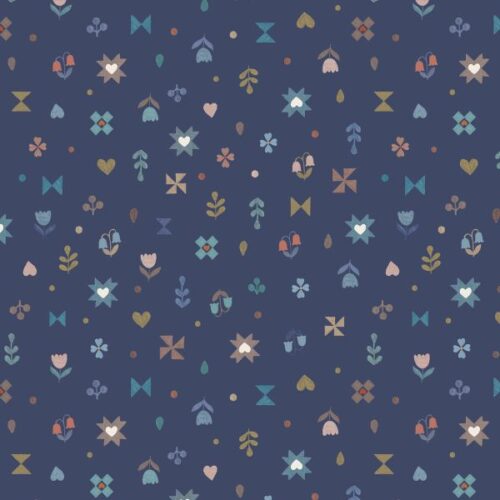 A943C Small Hearts and Flowers on Dark Blue, Cosy Home by Lewis & Irene