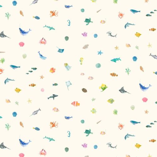 is a 100% cotton fabric featuring colourful fish on a white background
