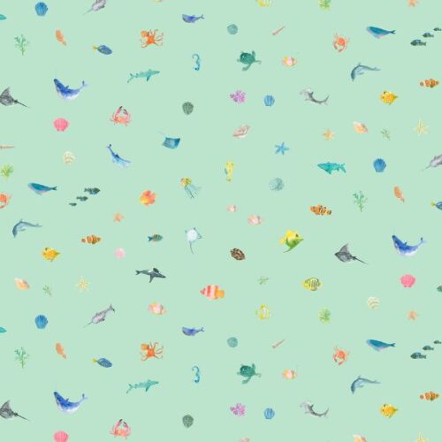 is a 100% cotton fabric featuring colourful fish on a white background