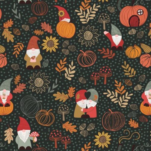 F680.3 Autumn Gnomes on Dark Forest, Snuggle up Season Flannel by Lewis & Irene