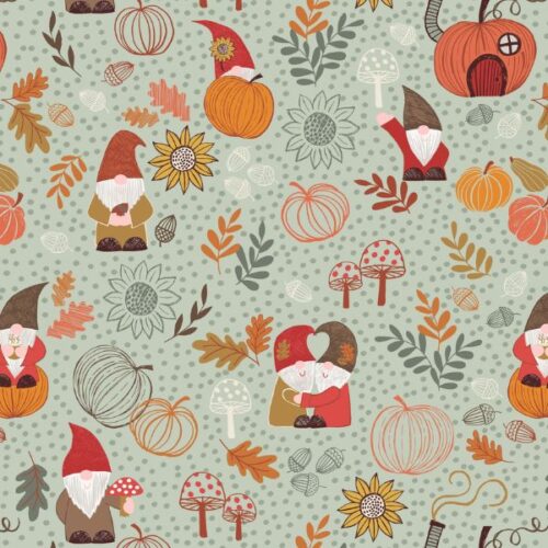 F680.2 Autumn Gnomes on Light Sage, Snuggle up Season Flannel by Lewis & Irene