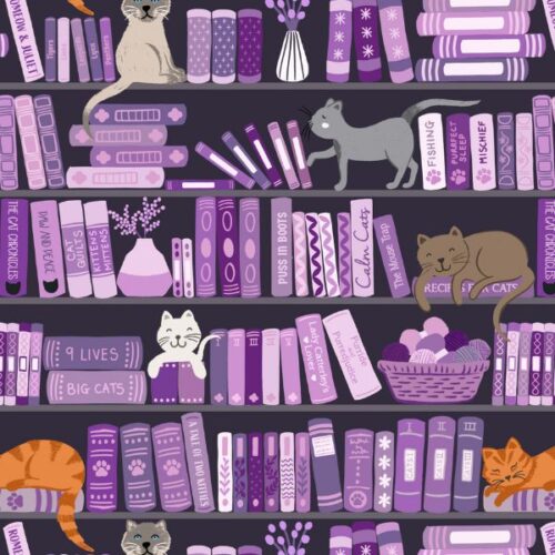 A961B Book Shelves and Cats Purples, The Purrfect Book Club by Lewis & Irene