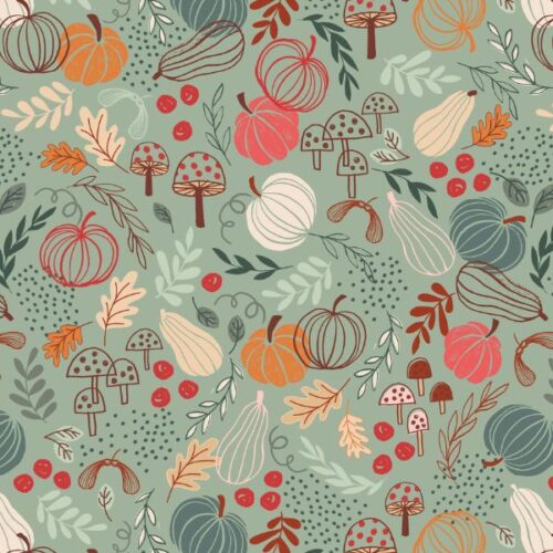 F682.2 Pumpkins on Light Jade, Snuggle up Season Flannel by Lewis & Irene
