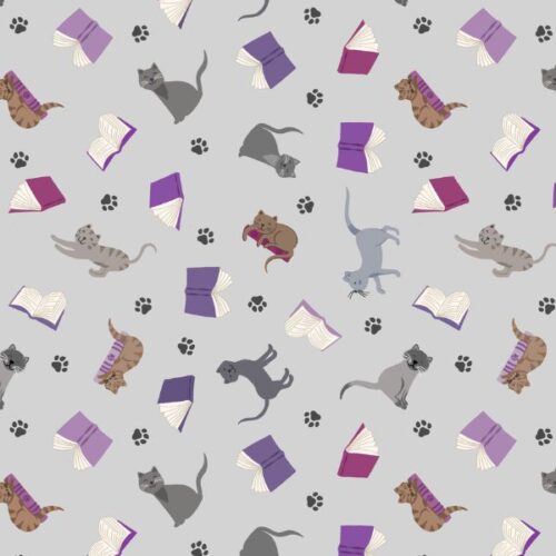 A965B Scattered Cats and Books on Grey, The Purrfect Book Club by Lewis & Irene