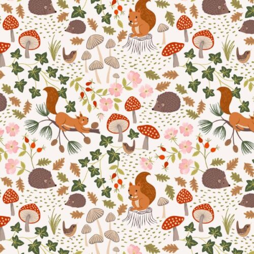 F695.1 Squirrels & Hedgehogs on Cream, Snuggle up Season Flannel by Lewis & Irene