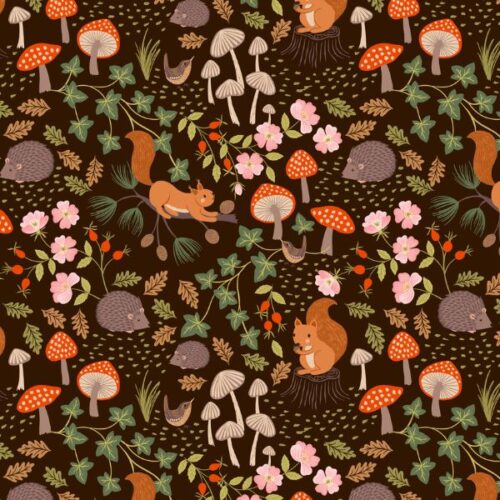 F695.3 Squirrels & Hedgehogs on Dark Brown, Snuggle up Season Flannel by Lewis & Irene