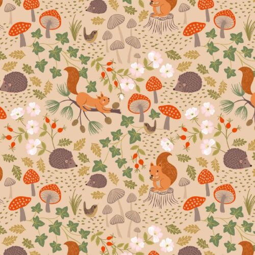 F695.2 Squirrels & Hedgehogs on Light Oak, Snuggle up Season Flannel by Lewis & Irene