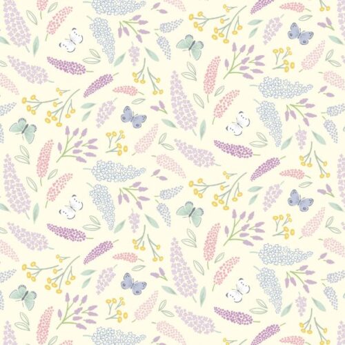 CC67.1 Spring Symphony Dark Cream, Dear Spring by Cassandra Connolly is a pattern of pastel flowers and butterflies on a dark cream background.