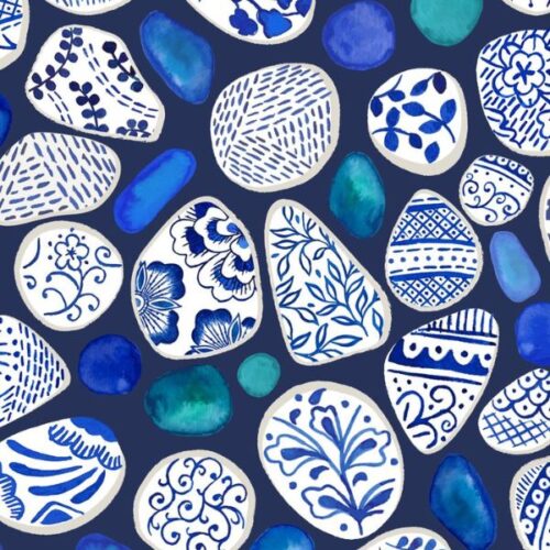 A998C Sea Glass and Pottery Fragments on Dark Blue, Porcelain and Sea Glass by Stuart Hillard