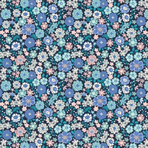 L16.D Boho Blooms Blues and Pinks on Navy, Boho Blooms by Lewis & Irene