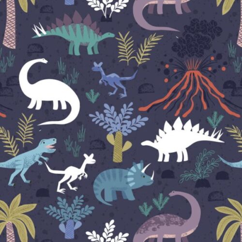A671.3 Volcano and Dinos on Soft Indigo with glow in the dark: Lewis & Irene Dino Glow