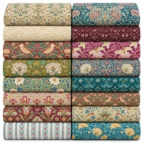 William Morris Lodden Collection 16 piece fat quarter pack featuring coordinated floral, botanical, bird and Arts & Crafts prints in teal, burgundy, sage, cream and vintage tones.