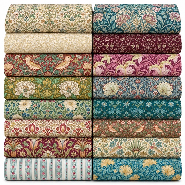 William Morris Lodden Collection 16 Piece Fat Quarter Pack William Morris Lodden Collection 16 piece fat quarter pack featuring coordinated floral, botanical, bird and Arts & Crafts prints in teal, burgundy, sage, cream and vintage tones.