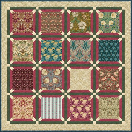Lodden Blooms Quilt Kit by Morris & Co. featuring 16 William Morris Lodden floral and botanical fabrics arranged in a traditional 4 x 4 patchwork design.